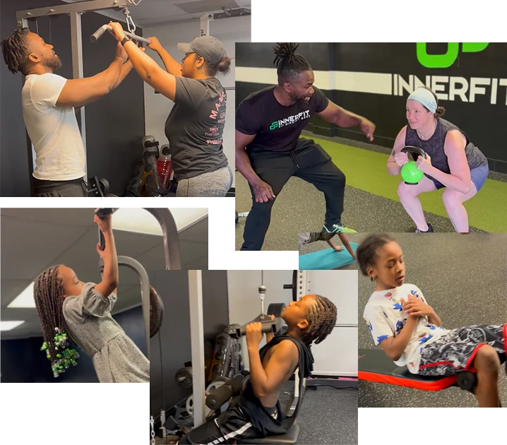 Coaches guiding adults and children through strength and fitness training at DB InnerFit